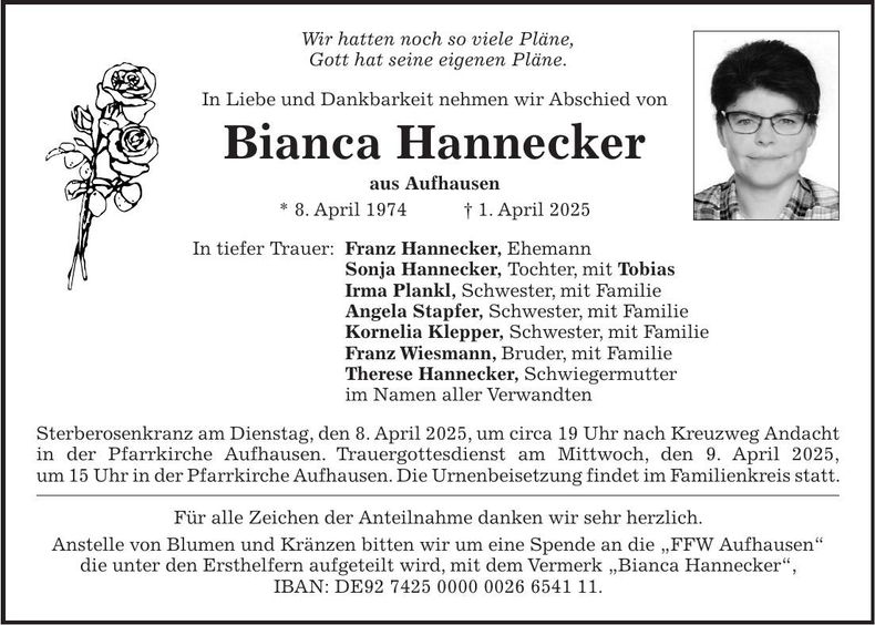 Traueranzeige Bianca Hannecker