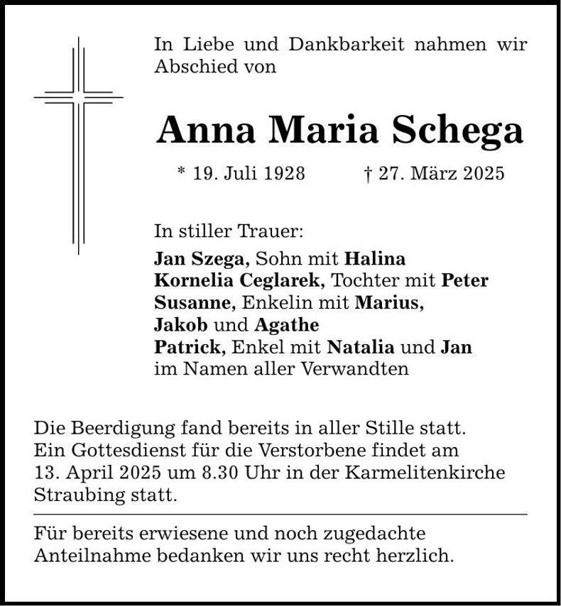 Traueranzeige Anna Maria Schega