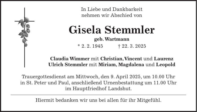 Traueranzeige Gisela Stemmler