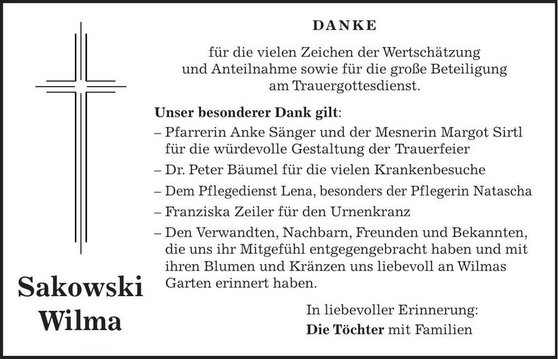 Traueranzeige Wilma Sakowski