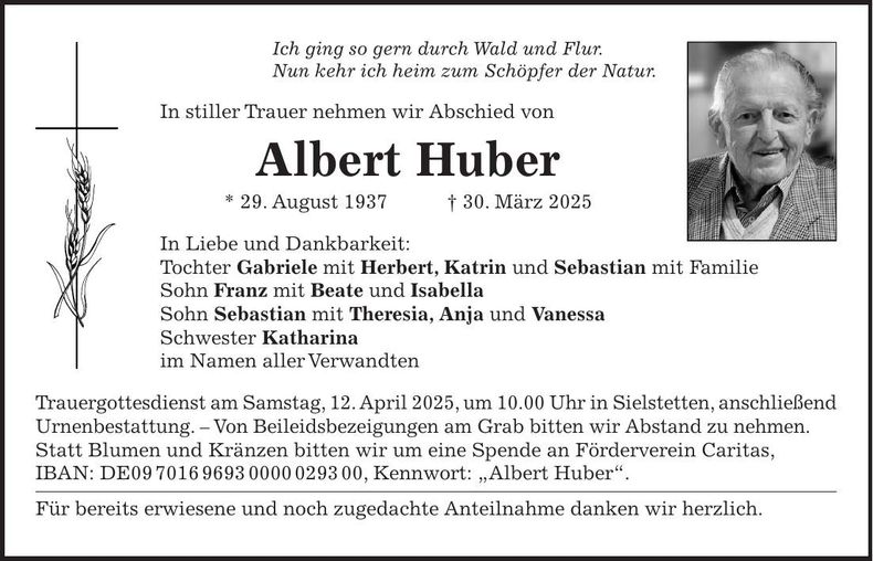 Traueranzeige Albert Huber