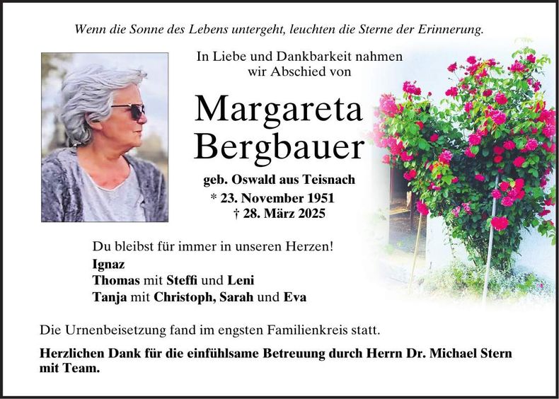 Traueranzeige Margareta Bergbauer