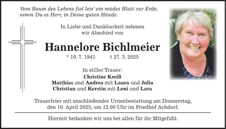 Traueranzeige Hannelore Bichlmeier