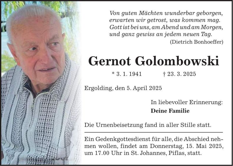 Traueranzeige Gernot Golombowski