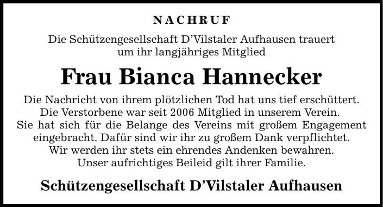 Traueranzeige Bianca Hannecker
