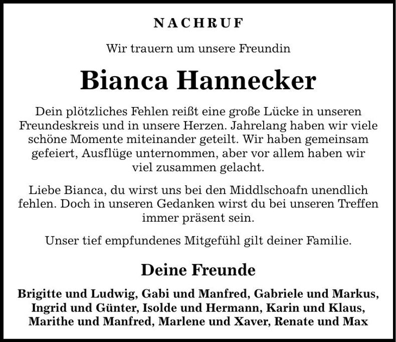 Traueranzeige Bianca Hannecker