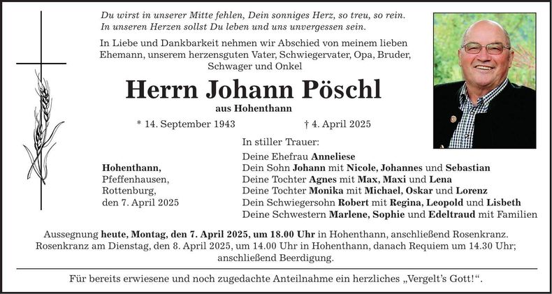 Traueranzeige Johann Pöschl