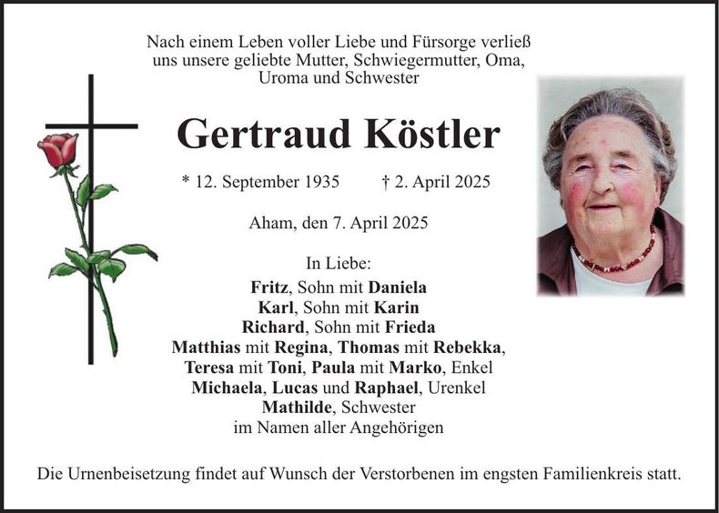 Traueranzeige Gertraud Köstler