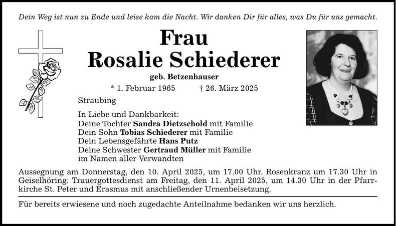 Traueranzeige Rosalie Schiederer