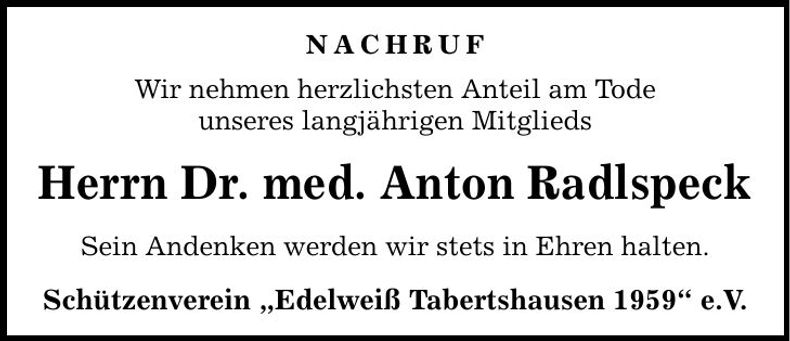 Traueranzeige Anton Radlspeck