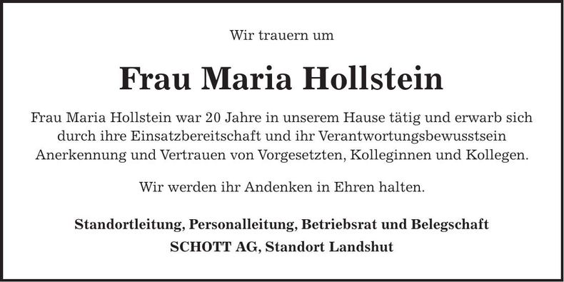 Traueranzeige Maria Hollstein