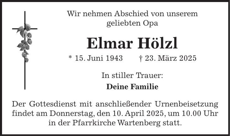 Traueranzeige Elmar Hölzl