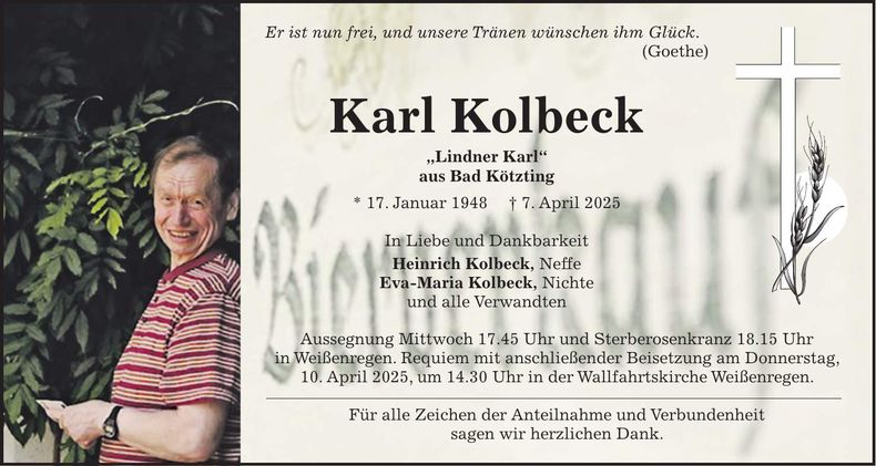 Traueranzeige Karl Kolbeck