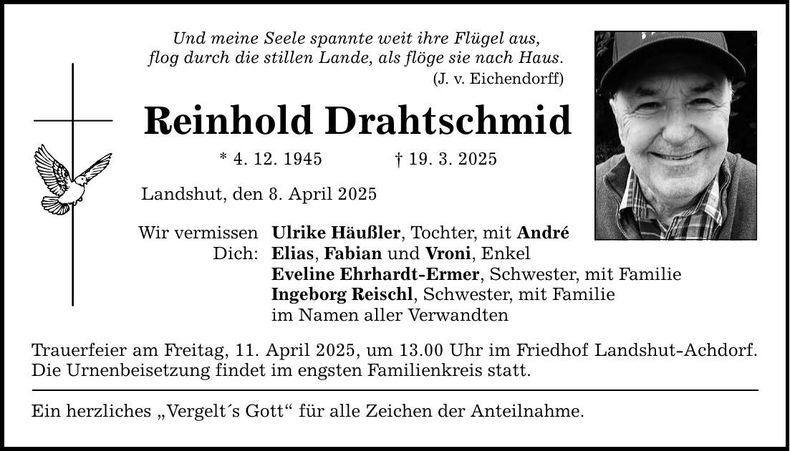 Traueranzeige Reinhold Drahtschmid