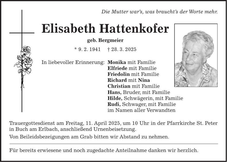 Traueranzeige Elisabeth Hattenkofer