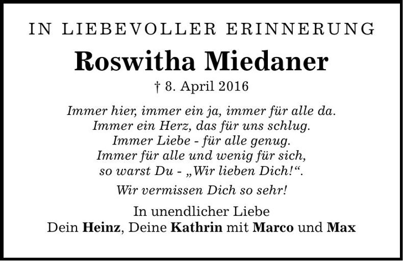 Traueranzeige Roswitha Miedaner