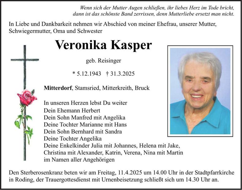 Traueranzeige Veronika Kasper
