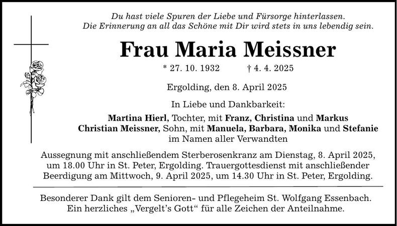 Traueranzeige Maria Meissner