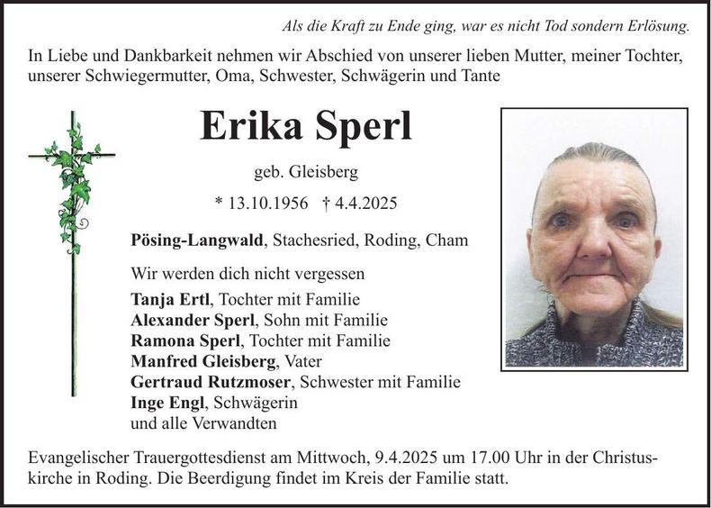 Traueranzeige Erika Sperl
