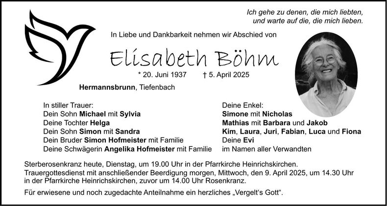 Traueranzeige Elisabeth Böhm