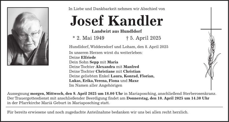 Traueranzeige Josef Kandler