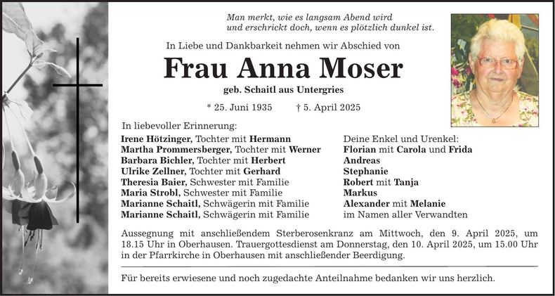 Traueranzeige Anna Moser