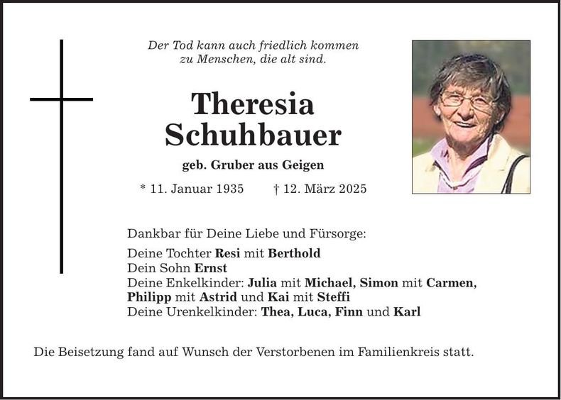 Traueranzeige Theresia Schuhbauer