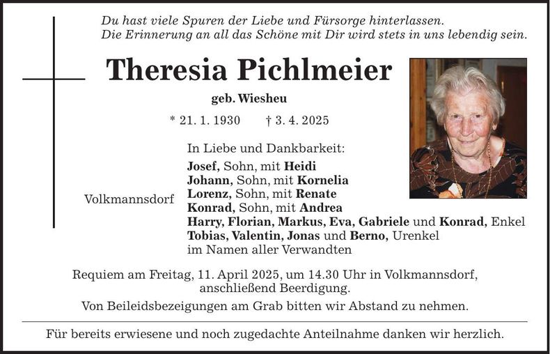 Traueranzeige Theresia Pichlmeier