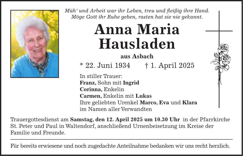 Traueranzeige Anna Maria Hausladen