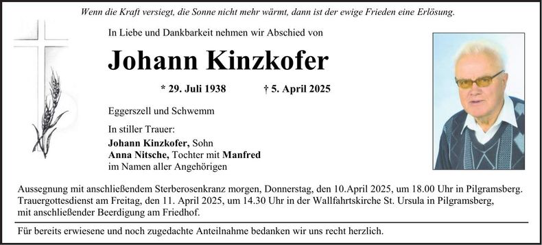 Traueranzeige Johann Kinzkofer