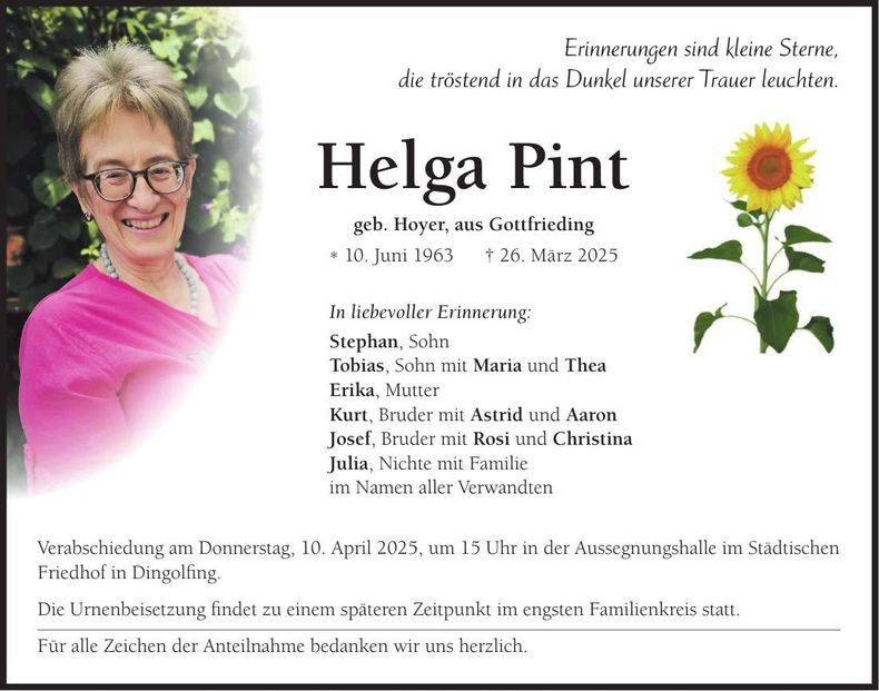 Traueranzeige Helga Pint
