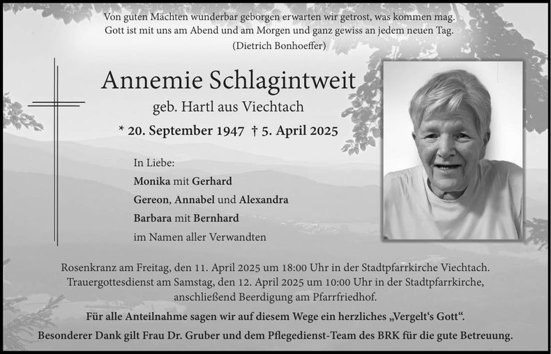 Traueranzeige Annemie Schlagintweit