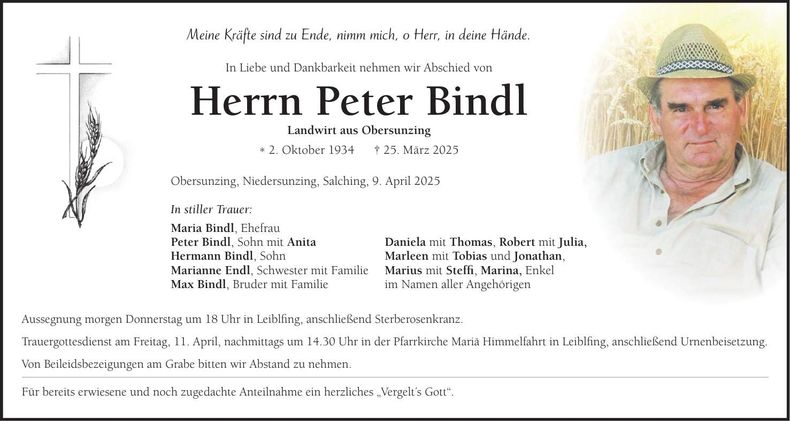 Traueranzeige Peter Bindl