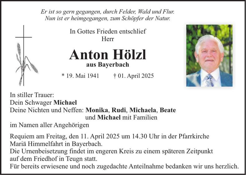 Traueranzeige Anton Hölzl
