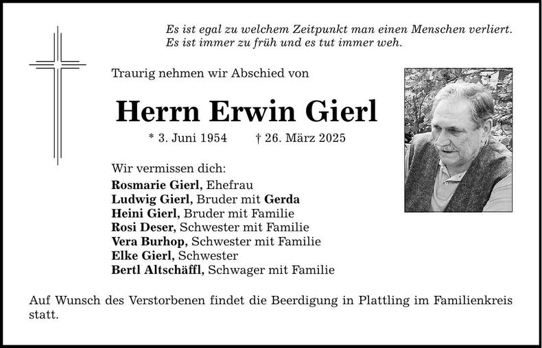 Traueranzeige Erwin Gierl