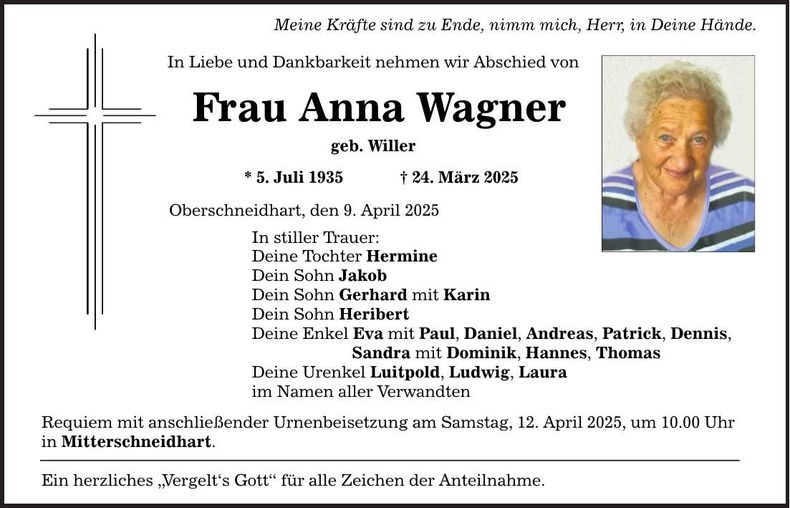 Traueranzeige Anna Wagner