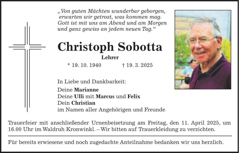Traueranzeige Christoph Sobotta