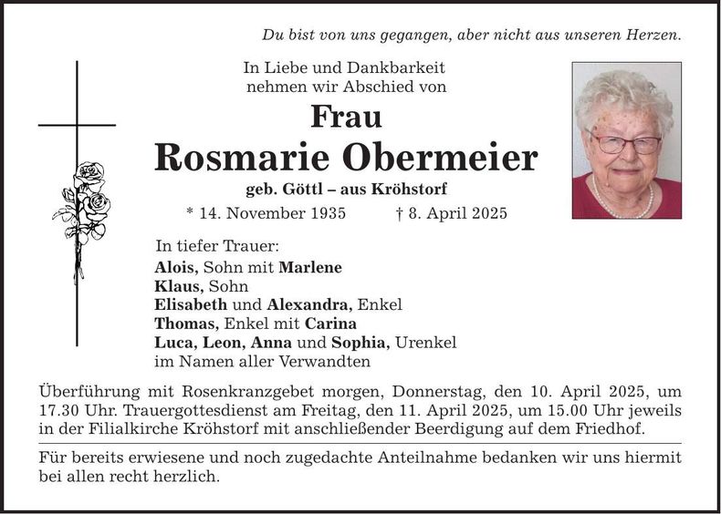 Traueranzeige Rosmarie Obermeier