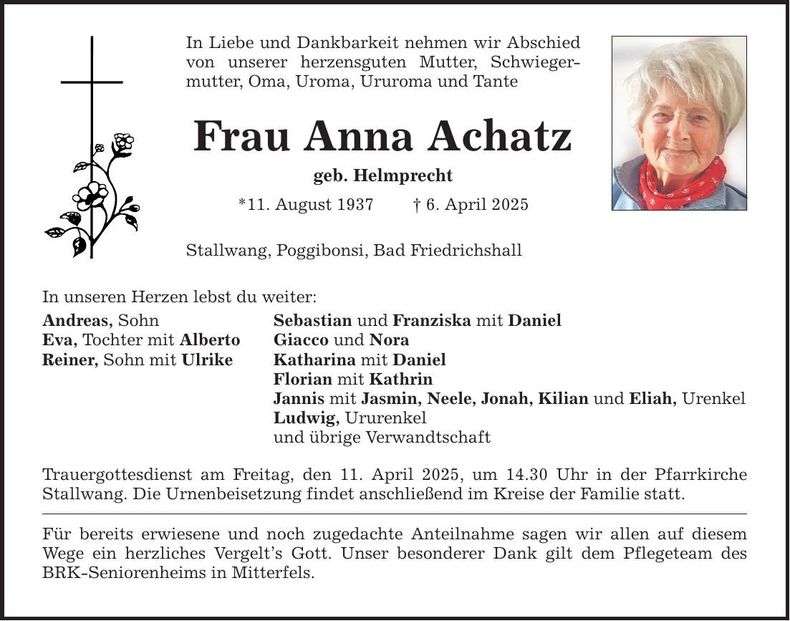 Traueranzeige Anna Achatz