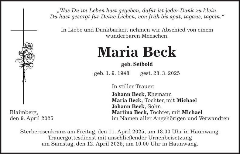 Traueranzeige Maria Beck