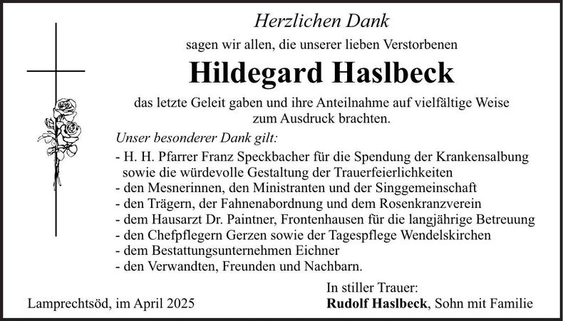 Traueranzeige Hildegard Haslbeck