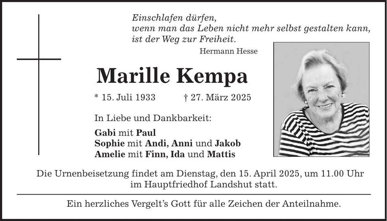 Traueranzeige Marielle Kempa