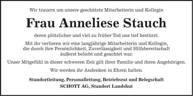 Traueranzeige Annelise Stauch
