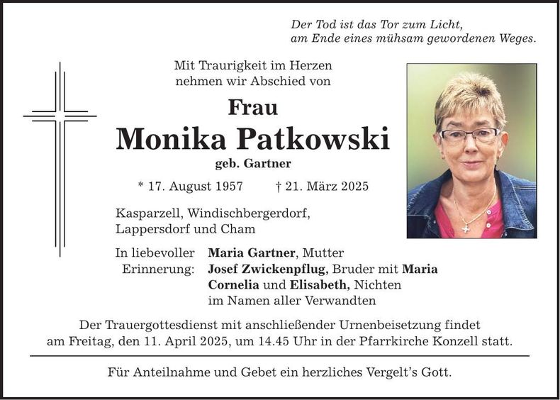 Traueranzeige Monika Patkowski