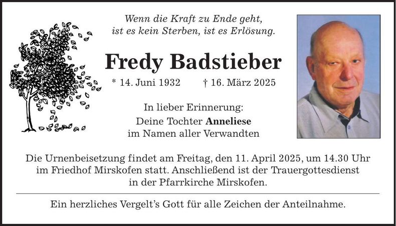 Traueranzeige Fredy Badstieber