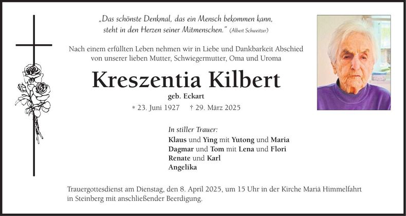 Traueranzeige Kreszentia Kilbert