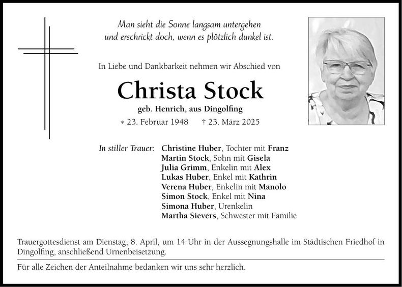 Traueranzeige Christa Stock