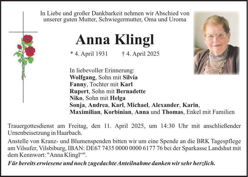 Traueranzeige Anna Klingl