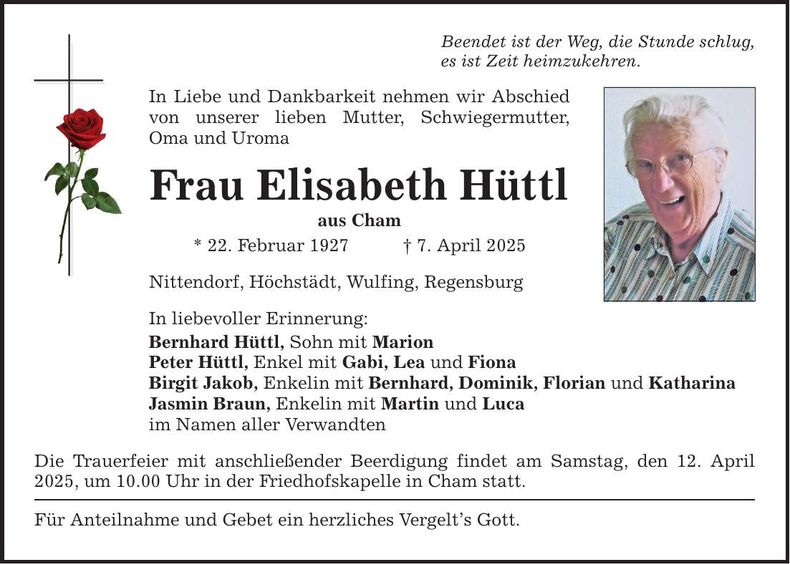 Traueranzeige Elisabeth Hüttl