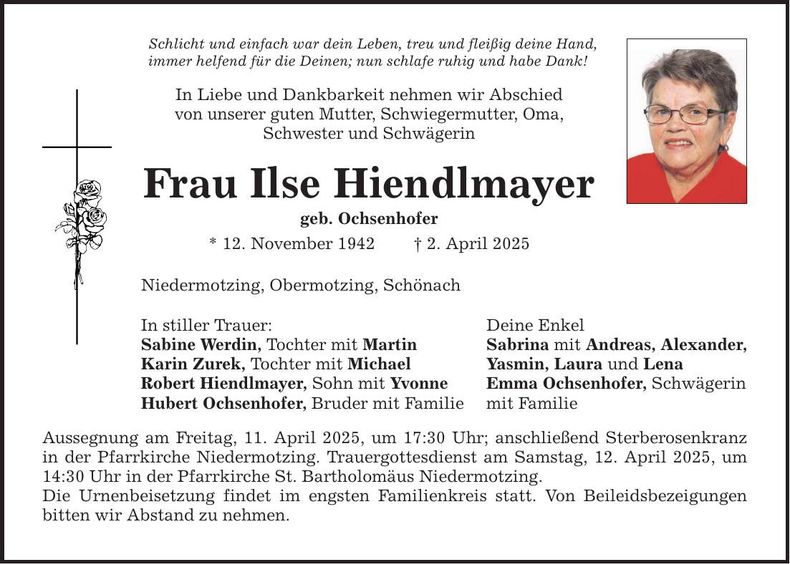 Traueranzeige Ilse Hiendlmayer